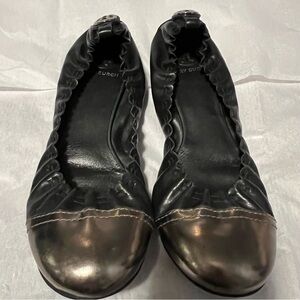 Tory Burch Abbey Elastic Back Ballet Flat Silver/pewter metallic toe black sz 8M